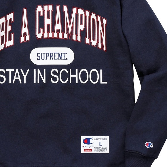 Supreme X Champion Navy Stay in School Crewneck Sweatshirt♥️ - Picture 5 of 6